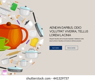 Concept advertising banner or flyer for store providing kitchen utensils restaurants, home cooking. Set of pots and pans, tea cups and teapot with an electric kettle in shop