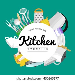 Concept advertising banner or flyer for store providing kitchen utensils restaurants, home cooking. Set of pots and pans, tea cups and teapot with an electric kettle in shop