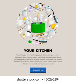Concept advertising banner or flyer for store providing kitchen utensils restaurants, home cooking. Set of pots and pans, tea cups and teapot with an electric kettle in shop