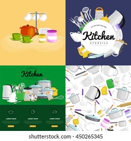 Concept advertising banner or flyer for store providing kitchen utensils restaurants, home cooking. Set of pots and pans, tea cups and teapot with an electric kettle in shop
