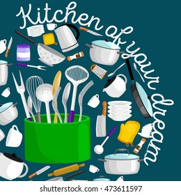 Concept advertising banner or flyer for store providing kitchen utensils restaurants, home cooking. Set of pots and pans, tea cups and teapot with an electric kettle in shop