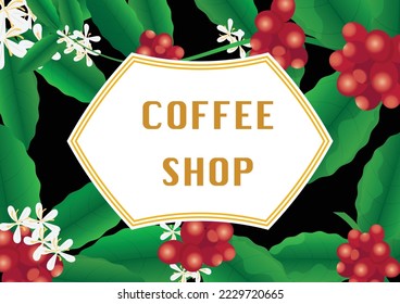 Concepto de publicidad del café con ramas y bayas de árbol de café al estilo de las caricaturas. Banner horizontal sobre ilustración vectorial de fondo negro