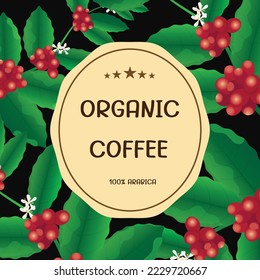 Concept of advertising coffee with branches and berries of coffee tree in cartoon style. Horizontal banner on black background vector illustration