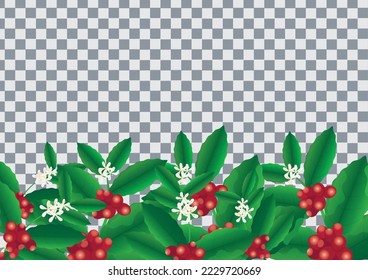 Concept of advertising coffee with branches and berries of coffee tree in cartoon style. Horizontal banner on black background vector illustration
