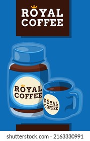 Concept for advertising coffee with a place for an inscription on top. A jar of instant coffee next to a cup of brewed coffee or chocolate drink. Cartoon illustration. Royal coffee.