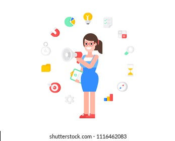 Concept of advertising and SEO marketing. Woman with a megaphone and survey questionnaire on white background. Vector illustration