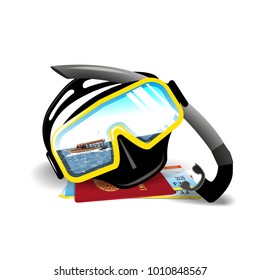 The concept of advertising travel, Mask for diving on the passport and tickets. Vector illustration.