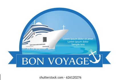 Concept for advertising travel on the cruise ship with «Bon Voyage» headline. Vector illustration.