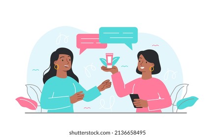 Concept of advice. Girl shows her friend cream. Character share news and their favorite products. Advertising and organizational promotion of product, consumer demand. Cartoon flat vector illustration
