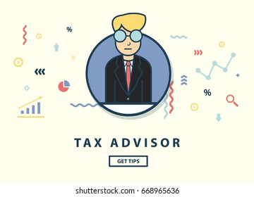 Concept of Advisor help saving tax with finance symbols elements. Design for website banner. Business, Financial and Investment concept. Vector illustration.