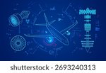 concept of aerospace engineering, graphic of lined airplane with jet engine and mechanic interface