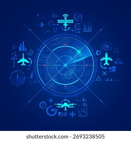 Concepto de tecnología aeroespacial o tecnología de radar, gráfico de mapa del terreno con interfaz de control de aire futurista