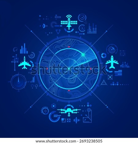 concept of aerospace tech or  radar technology, graphic of terrain  map with futuristic air control interface