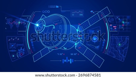 concept of aerospace technology, graphic of lined satellite with futuristic interface