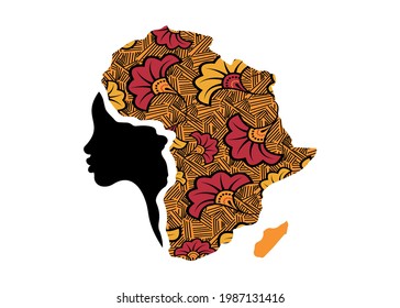 Concept of African woman, face profile silhouette with turban in the shape of a map of Africa. Colorful Afro print fabric, tribal logo design template Vector illustration isolated on white background 