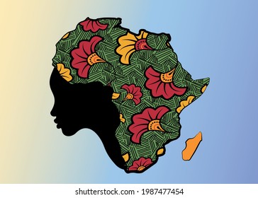 Concept of African woman, face profile silhouette with turban in the shape of a map of Africa. Colorful Afro print fabric, tribal logo design template Vector illustration isolated on blue background 