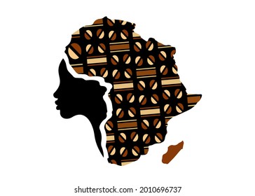 Concept of African woman, face profile silhouette with turban in the shape of a map of Africa. Colorful Afro print fabric, tribal logo design template Vector illustration isolated on white background 