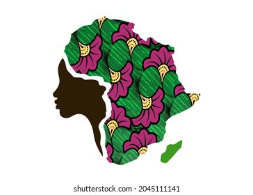 Concept Of African Woman, Face Profile Silhouette With Turban In The Shape Of A Map Of Africa. Colorful Afro Print Fabric, Tribal Logo Design Template Vector Illustration Isolated On White Background