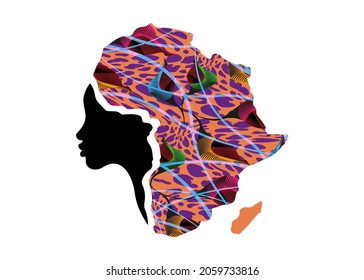 Concept Of African Woman, Face Profile Silhouette With Turban In The Shape Of A Map Of Africa. Colorful Afro Print Fabric, Tribal Logo Design Template Vector Illustration Isolated On White Background 