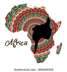 Concept of African woman, face profile silhouette with turban in the shape of a map of Africa. Colorful Afro print tribal logo design template. Vector illustration isolated on white background 