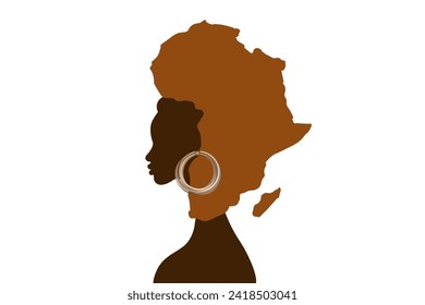 Concepto de mujer africana, silueta de perfil facial con turbante en forma de mapa de África. Plantilla de diseño de logotipo tribal Afro Ilustración vectorial aislada en fondo blanco 