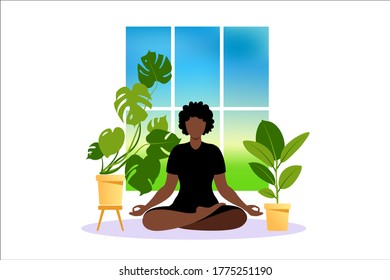 Concepto de mujer africana practicando yoga y meditación en casa. La niña se sienta en la posición del loto, el proceso de pensamiento, el inicio y la búsqueda de ideas. Gestión del tiempo. Vector.