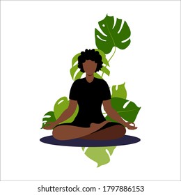 Concept african woman practicing yoga and meditation on home. The girl sits in the lotus position, the thought process, the inception and the search for ideas. Time management. Vector.