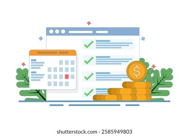 Concept or agenda of money payment date schedule in calendar, illustrated task list and cash schedule reminder notification, tax payment time idea, budget or financial plan. vector illustration.