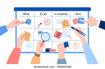 Concept of agile development. Human hands sticking papers on board for analyzing strategy tasks. Scrum team use kanban methodology works on business project. Vector illustration.