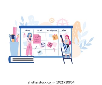 Concept of agile development. Scrum team from women use kanban methodology, sticking and move papers on board from start to finish analyzing strategy task. Vector illustration.