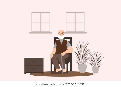 El concepto de una sociedad que envejece. Una ilustración plana de un anciano sentado solo en una silla.
