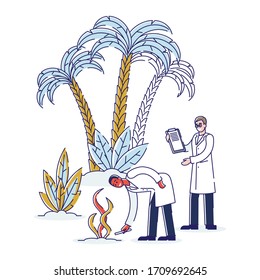 Concept Of Agriculture And Farming. Technicians Fertilize the Soil. Man With Notebooks Gives Recommendations About Dosage Of Plant Fertilizers. Cartoon Linear Outline Flat Style. Vector Illustration