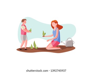 Concept of agriculture, gardening, spring and hobby. Happy gardener mother and son with watering can working in garden on a white background. Vector illustration in a flat style