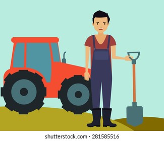 Concept agriculture. Male farmer holding a shovel on the background tractor. Vector illustration