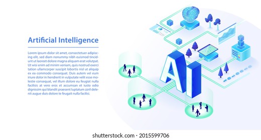 Concept Of AI Artificial Intelligence. 3d Isometric Vector Illustration In Wide Web Banner Layout.
