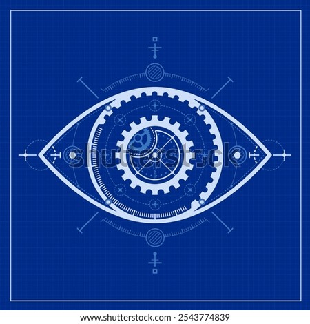 concept of ai or artificial intelligence or biometrics, graphic of futuristic eye presented in mechanic blueprint style
