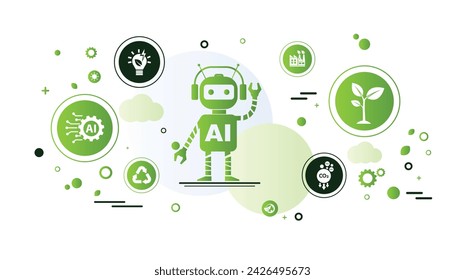 The Concept of AI, Artificial Intelligence and Green Technology For Sustainability Development. Ecology Icons, Environment Vector, Eco Friendly and Green Economy. Flat Doodle Template Design.