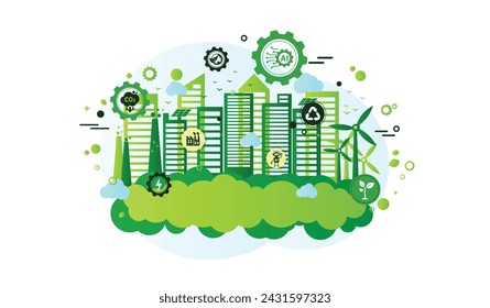 The Concept of AI, Artificial Intelligence and Green Technology For Sustainability Development. Ecology Icons, Environment Vector, Eco Friendly and Green Economy. Flat Doodle Template Design.