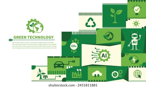 The Concept of AI, Artificial Intelligence and Green Technology For Sustainability Development. Ecology Icons, Environment Vector, Eco Friendly and Green Economy. Flat Doodle Template Design.