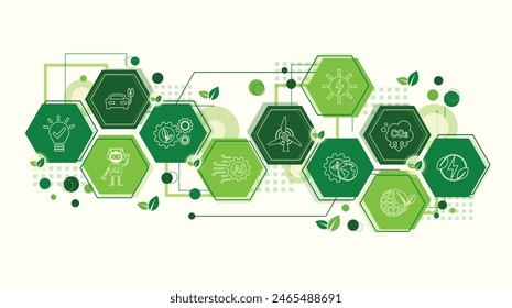 The Concept of AI, Artificial Intelligence and Green Technology For Sustainability Development. Ecology Icons, Environment Vector, Eco Friendly and Green Economy. Flat Doodle Template Design.