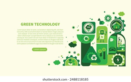 The Concept of AI, Artificial Intelligence and Green Technology For Sustainability Development. Ecology Icons, Environment Vector, Eco Friendly and Green Economy. Flat Doodle Template Design.