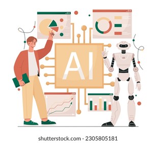 Concept of AI. Artificial intelligence and machine learning. Man standing next to robot with motherboard. Automation and modern technologies. Human interactive tech. Cartoon flat vector illustration