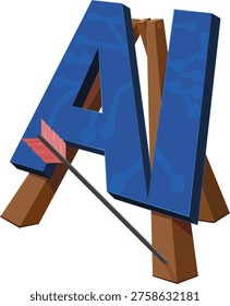 Concept of AI error, failed machine learning process, and digital inaccuracy represented by an arrow missing the blue AI target on a wooden stand (cut out)