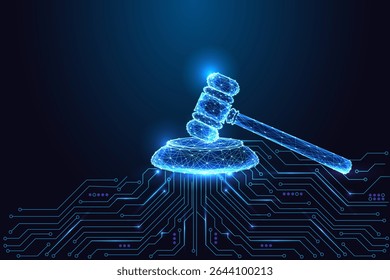 Concept of AI ethics, legal tech, digital justice. Judge gavel with circuit board on dark blue background. Futuristic polygonal vector illustration for governance, regulation, law, AI responsibility