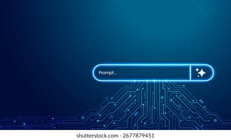 Konzept der KI erzeugen eine Eingabeaufforderung. Generativ- und Suchleiste auf futuristischer Schaltungsplatine. Künstliche Intelligenztechnologie für digitale Inhalte und automatisierte Datentransformation. Vektor.