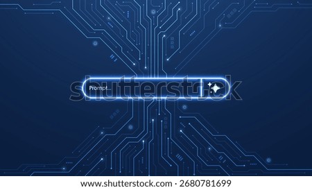 Concept of AI generate a prompt. Generative and search bar on futuristic circuit motherboard. Artificial intelligence technology for digital content and automated data transformation. Vector.