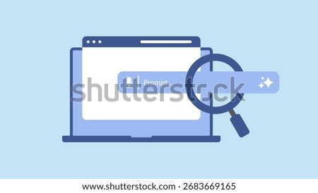 Concept of AI generate a prompt. Web browser window on a laptop with generate bar and a magnifying glass. Input prompt as commands for search and analysis by AI. Vector illustration