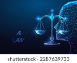 Concept of AI law, artificial intelligence regulations in futuristic glowing low polygonal style with brain and scale symbols on dark blue background. Modern abstract design vector illustration.