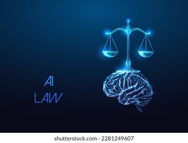 Concept of AI law, artificial intelligence regulations in futuristic glowing low polygonal style with brain and scale symbols on dark blue background. Modern abstract design vector illustration.