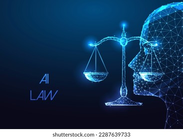 Concept of AI law, artificial intelligence regulations in futuristic glowing low polygonal style with brain and scale symbols on dark blue background. Modern abstract design vector illustration.